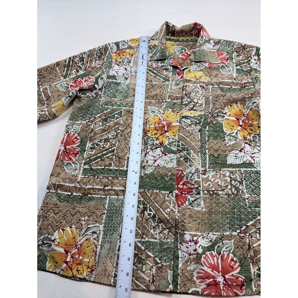 Mens Tropical Hibiscus Tribal Patchwork Short Sleeve Button Down Shirt Earth - Picture 2 of 6